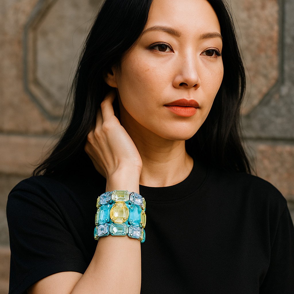 Multi Blue Faceted Lucite Gem Stud Wide Stretch Bracelet